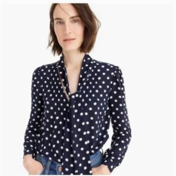 J. Crew Tops - EUC J. Crew 365 Black/Tan Polka Dot Tie Neck Blouse Size 2